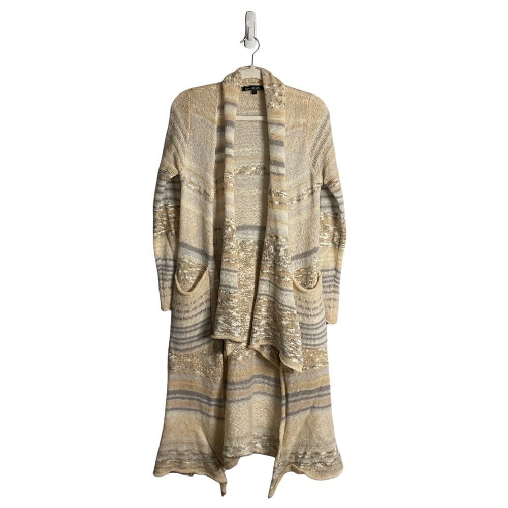 Love Stitch Women's Beige Open Front Long Line Patterned Knit Cardigan